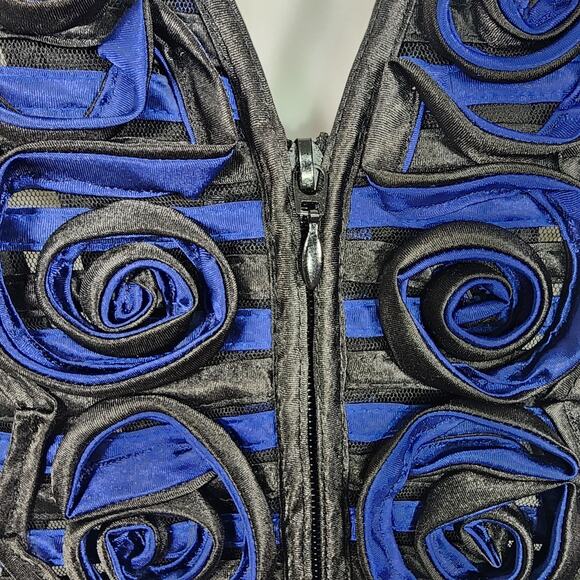 T&W Designs Women Jacket Full Zip Rosettes Striped Blue Black Sheer Long Sleeve - Picture 4 of 10